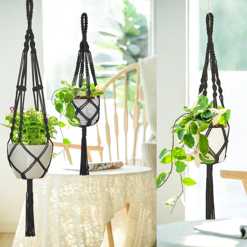 Mkono 3 Pack Macrame Plant Hangers, Different Sizes Hanging Planters Indoor Basket Decorative Flower Pots Holder Stand Boho Home Decor, Black - Image 2