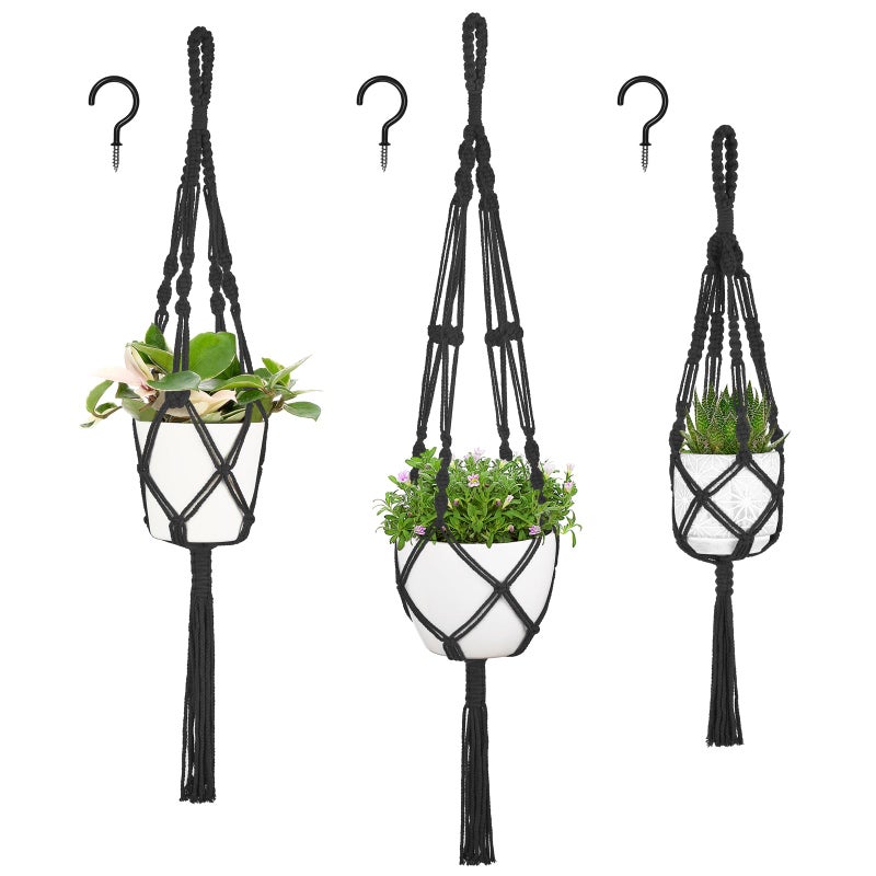 Mkono 3 Pack Macrame Plant Hangers, Different Sizes Hanging Planters Indoor Basket Decorative Flower Pots Holder Stand Boho Home Decor, Black - Image 1