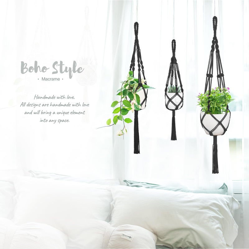 Mkono 3 Pack Macrame Plant Hangers, Different Sizes Hanging Planters Indoor Basket Decorative Flower Pots Holder Stand Boho Home Decor, Black - Image 4