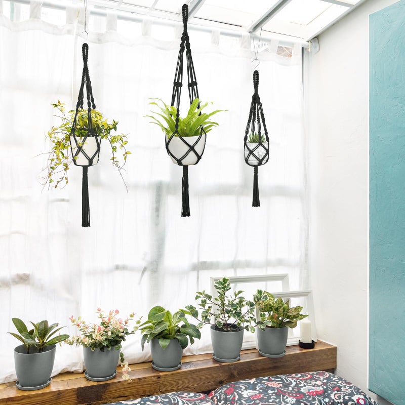 Mkono 3 Pack Macrame Plant Hangers, Different Sizes Hanging Planters Indoor Basket Decorative Flower Pots Holder Stand Boho Home Decor, Black - Image 3