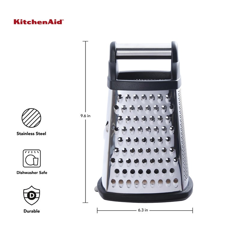 KitchenAid Gourmet 4-Sided Stainless Steel Box Grater for Fine, Medium and Coarse Grate, and Slicing, Detachable 3 Cup Storage Container and Measurment Markings, Dishwasher Safe, 10 inches tall, Black - Image 2