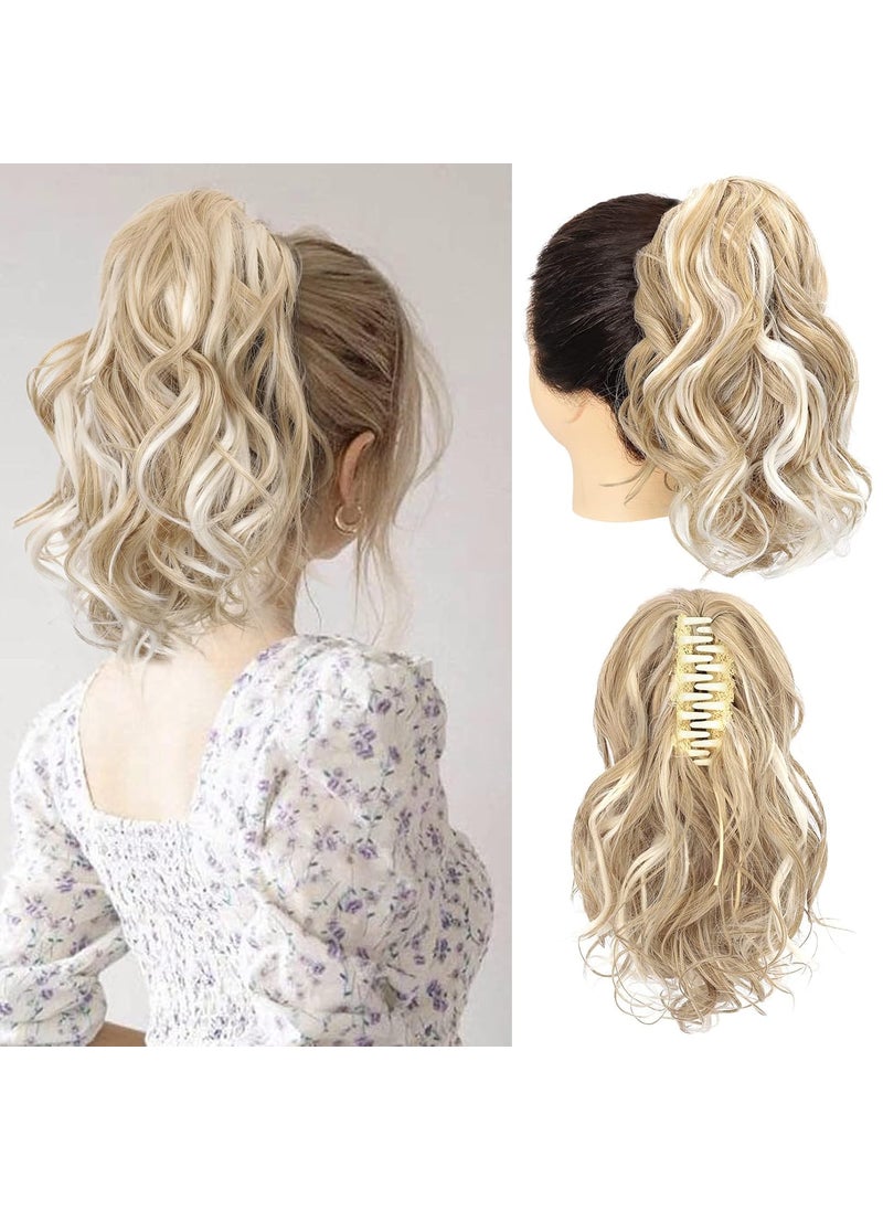 SEIKEA SEIKEA 10 Short Claw Highlight Ponytail Extension PT001 Ella Wavy Thick Jaw Clip in Hair Extensions Ponytail Soft Natural Looking Synthetic Hairpiece Medium Golden Blonde White Blonde Highlights 