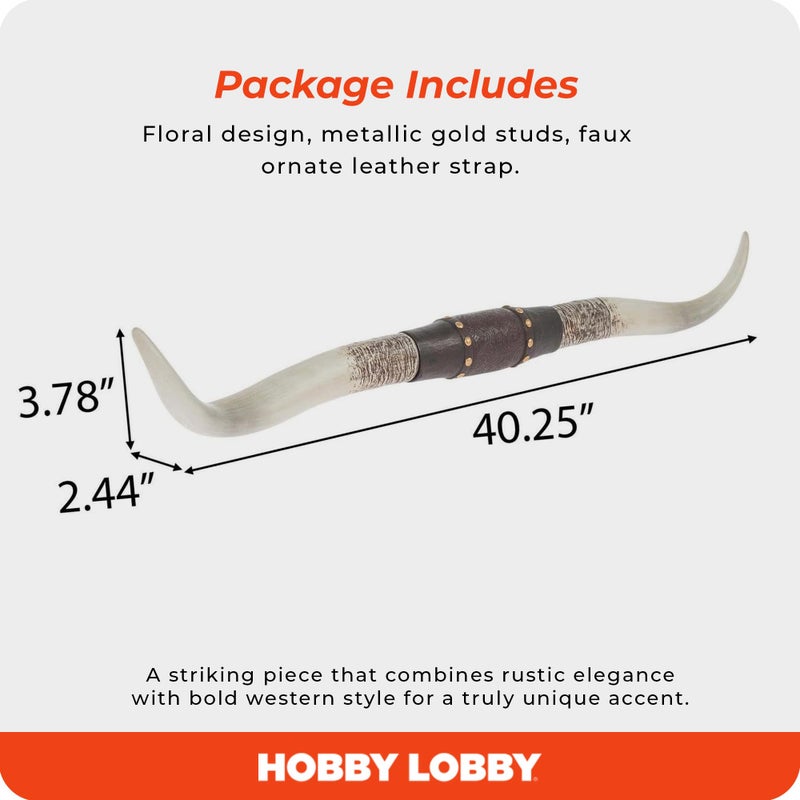 Hobby Lobby Longhorn Wall Decor, Resin, Distressed Horns, Leather Strap Design, Floral Embossing, Gold Studs, 40 inches Wide, Rustic, Country Charm - Image 3