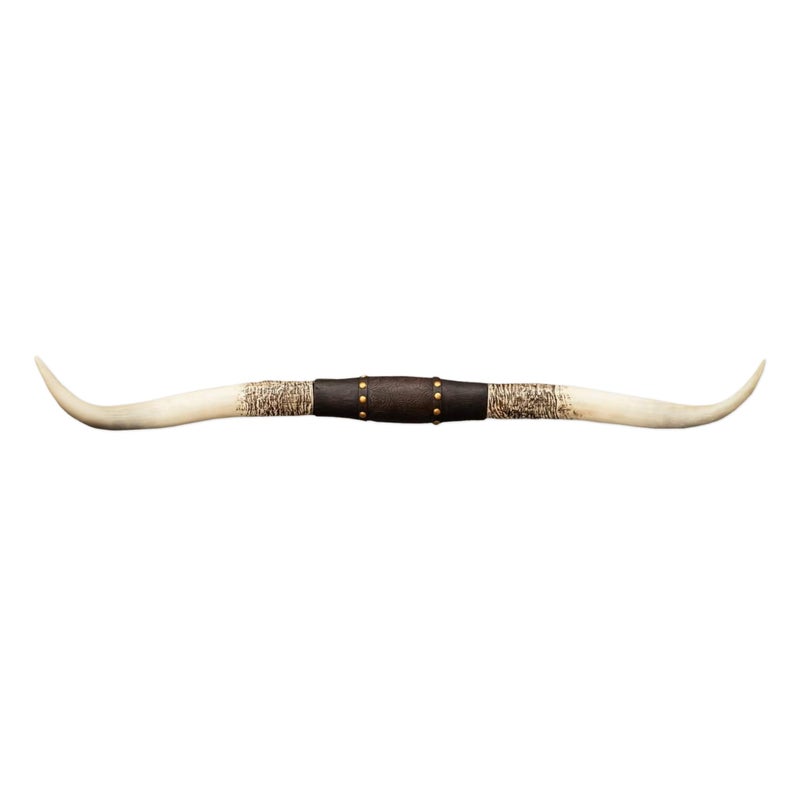 Hobby Lobby Longhorn Wall Decor, Resin, Distressed Horns, Leather Strap Design, Floral Embossing, Gold Studs, 40 inches Wide, Rustic, Country Charm - Image 1