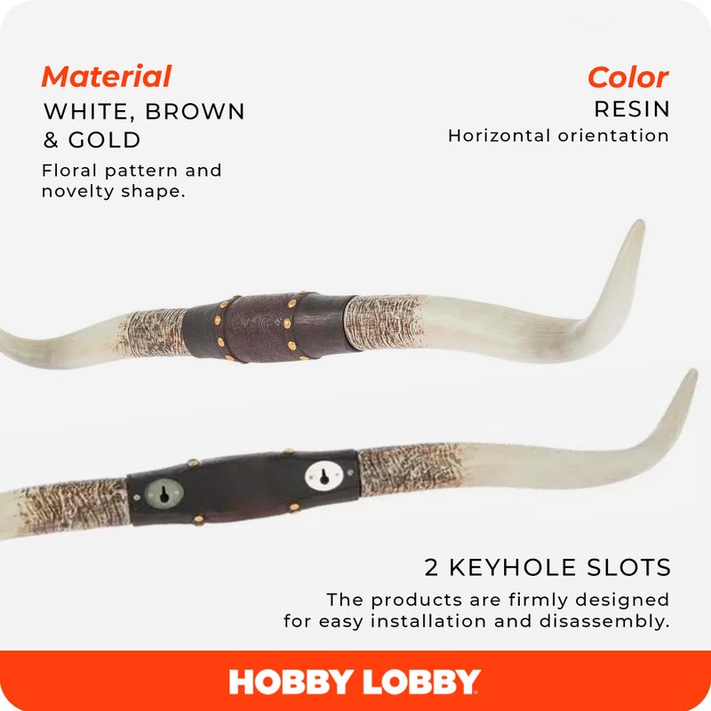 Hobby Lobby Longhorn Wall Decor, Resin, Distressed Horns, Leather Strap Design, Floral Embossing, Gold Studs, 40 inches Wide, Rustic, Country Charm - Image 2