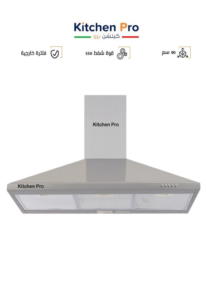 kitchen Pro Pyramid Hood - 90 CM - 550 Suction Power - 3 Speeds - Silver - AAS-9001D - Image 1