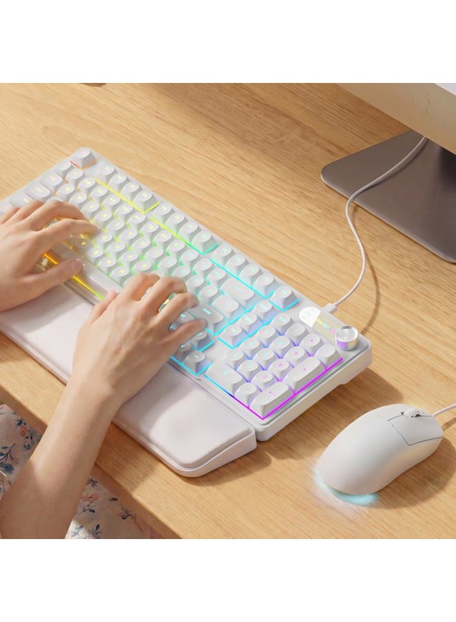 Eweadn Wired Keyboard and Mouse Combo with Detachable Wrist Rest, Quiet Ergonomic Keyboard Mouse Set with Multimedia Knob, RGB Backlit, Double-Shot Keycaps Natural Typing for Laptop, PC - White - Image 1