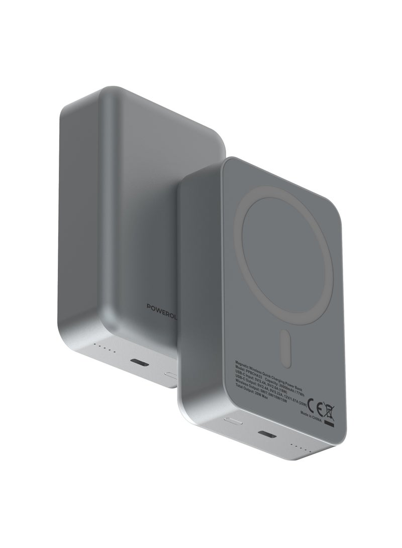 Powerology 20000 mAh MagSafe Aluminum Power Bank with PD 20W Fast Charging & 15W Wireless Charge / Li-Polymer Rechargeable Battery / Compact Design / Simultaneous Charging / Compatibility for Smartphones, Tablets and More - Dark Grey  - Image 1