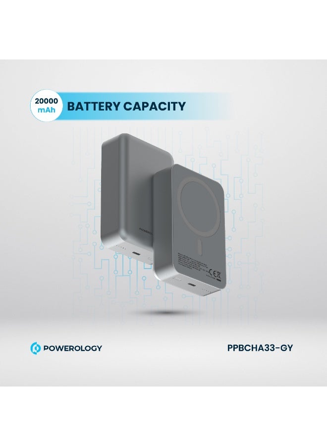 Powerology 20000 mAh MagSafe Aluminum Power Bank with PD 20W Fast Charging & 15W Wireless Charge / Li-Polymer Rechargeable Battery / Compact Design / Simultaneous Charging / Compatibility for Smartphones, Tablets and More - Dark Grey  - Image 4