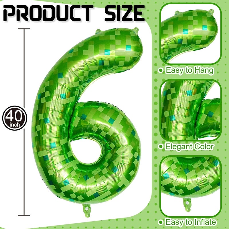 40 Inch Lime Green Pixel Number 6 Balloon for Birthday Decoration, Large Dark Kelly Green Foil 6 Balloons for Boys Ten Year Old Birthday Video Game - Image 2