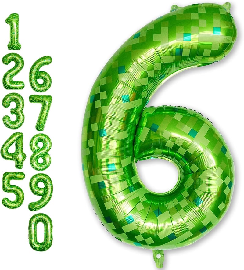 40 Inch Lime Green Pixel Number 6 Balloon for Birthday Decoration, Large Dark Kelly Green Foil 6 Balloons for Boys Ten Year Old Birthday Video Game - Image 1