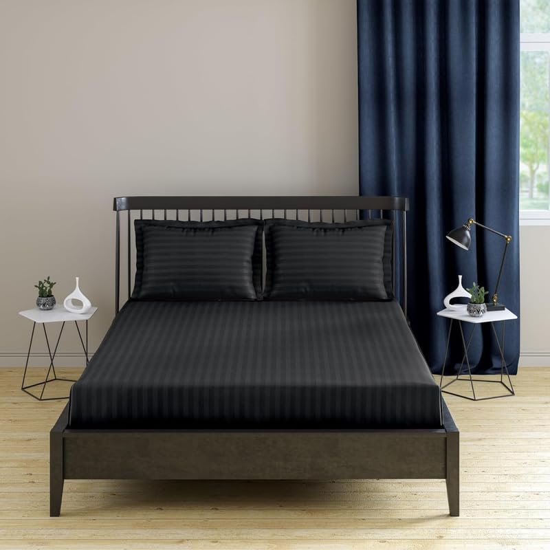 Pro Linen Basic 1Cm Satin Stripe Pure Cotton 210Tc 3Pc Bedding Set Queen Regular Size 275x225 Cm Black 1 Bed Sheet 2 Pillow Covers - Image 1