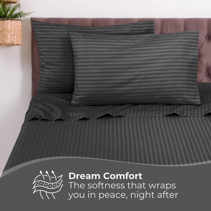 Pro Linen Basic 1Cm Satin Stripe Pure Cotton 210Tc 3Pc Bedding Set Queen Regular Size 275x225 Cm Black 1 Bed Sheet 2 Pillow Covers - Image 2
