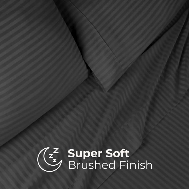 Pro Linen Basic 1Cm Satin Stripe Pure Cotton 210Tc 3Pc Bedding Set Queen Regular Size 275x225 Cm Black 1 Bed Sheet 2 Pillow Covers - Image 5