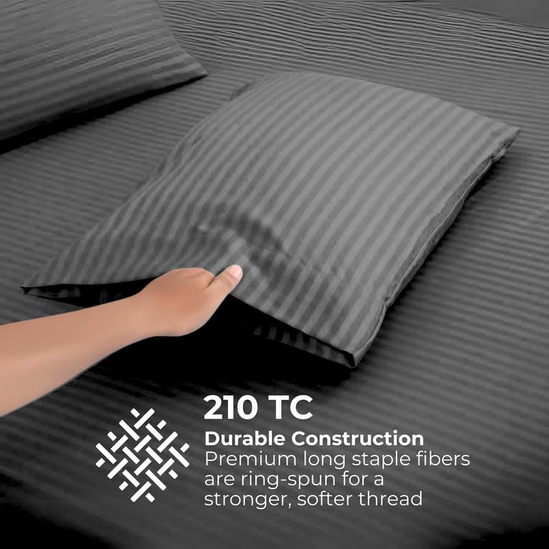 Pro Linen Basic 1Cm Satin Stripe Pure Cotton 210Tc 3Pc Bedding Set Queen Regular Size 275x225 Cm Black 1 Bed Sheet 2 Pillow Covers - Image 3