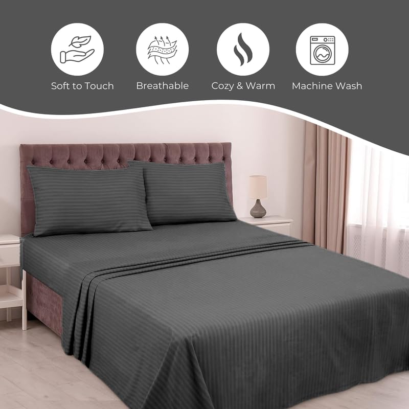 Pro Linen Basic 1Cm Satin Stripe Pure Cotton 210Tc 3Pc Bedding Set Queen Regular Size 275x225 Cm Black 1 Bed Sheet 2 Pillow Covers - Image 4