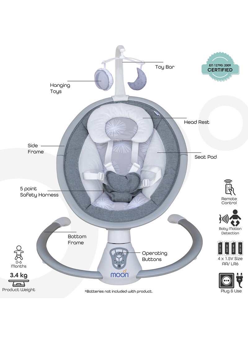Moon 5 Point Harness Baby Swing Grey, 0-6M, Holds Upto 9Kg With Remote Control - Blue - Image 2