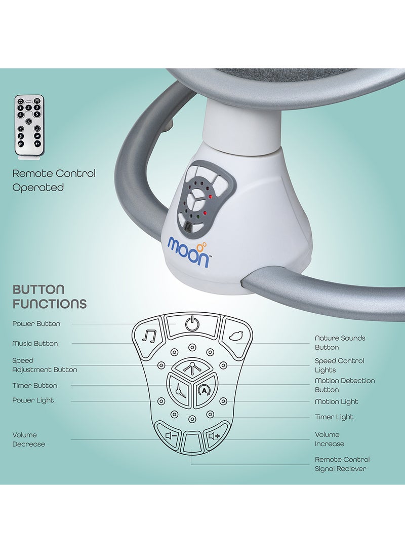 Moon 5 Point Harness Baby Swing Grey, 0-6M, Holds Upto 9Kg With Remote Control - Blue - Image 4