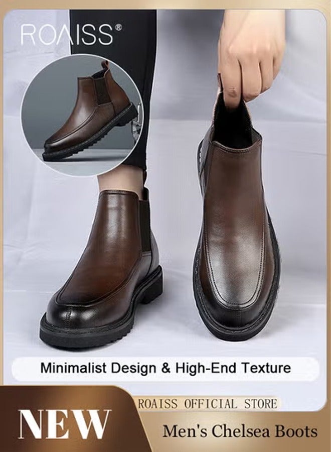 Genuine Leather Chelsea Boots for Men High-End Casual Comfy and Breathable Slip on Low Heel Formal Cowhide Ankle Boots Mens Fashionable Premium Soft Sole Pointed Martin Boots Brown