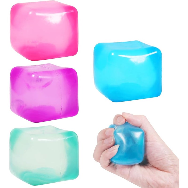 FauKait 4pack Stress Cube Squishy Stress Balls for Adults Kids Fidget Toy for Your Best Mellow and Chill -Ice Cubes-Square Shape with Filling in Pink Blue Purple Green -Age 3 to Adult(4pcs Cube) - Image 1