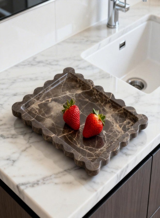 SAIDKOCC Natural Scalloped Marble Tray 10.7"x7.87",Rectangle Tray for Bathroom Kitchen Counter, Decorative Tray for Dresser (Coffee Net) - Image 2