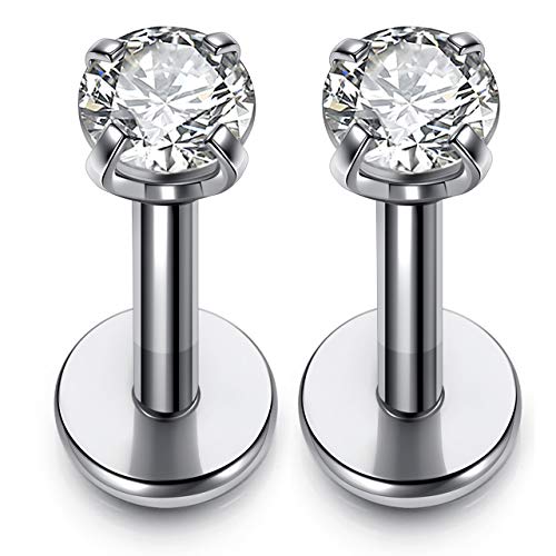 PiercingJ 2-4pcs 16g 316L Stainless Steel 3mm Cubic Zirconia Labret Monroe Lip Ring/Tragus/Helix Earring,6-12mm Bar Length - Image 1