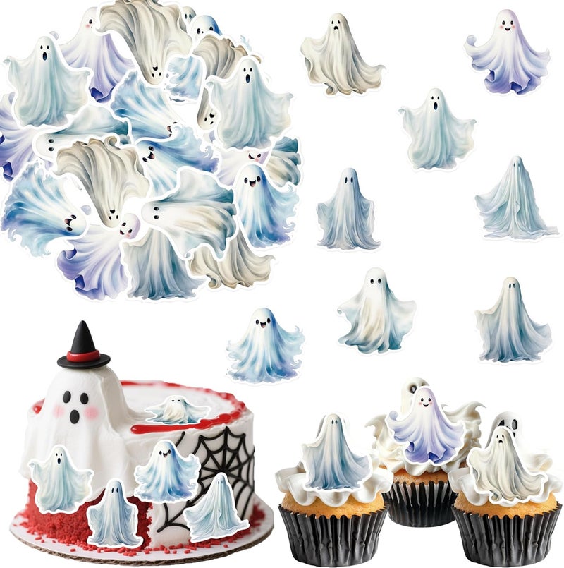 Fyeoxle 45PCS Edible Ghost Cupcake Toppers Wafer Paper Halloween Specter Cake Picks Edible Spooky Little Boo Cupcake Toppers for Halloween Eve Theme Party Birthday Decor Supplies - Image 1