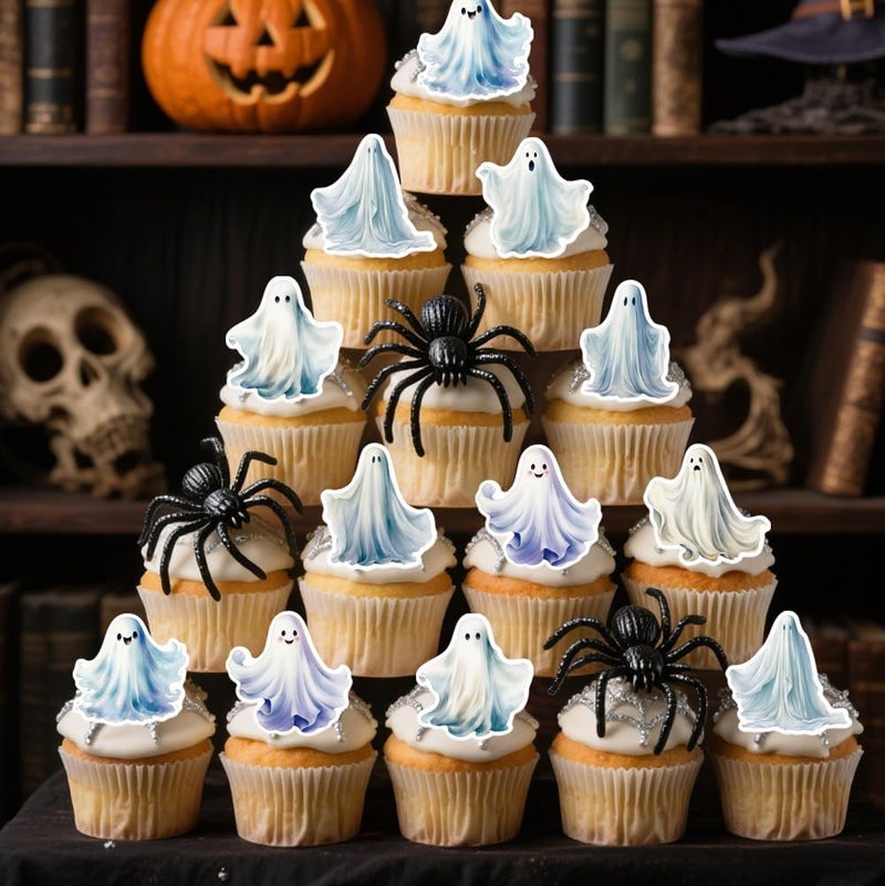 Fyeoxle 45PCS Edible Ghost Cupcake Toppers Wafer Paper Halloween Specter Cake Picks Edible Spooky Little Boo Cupcake Toppers for Halloween Eve Theme Party Birthday Decor Supplies - Image 5