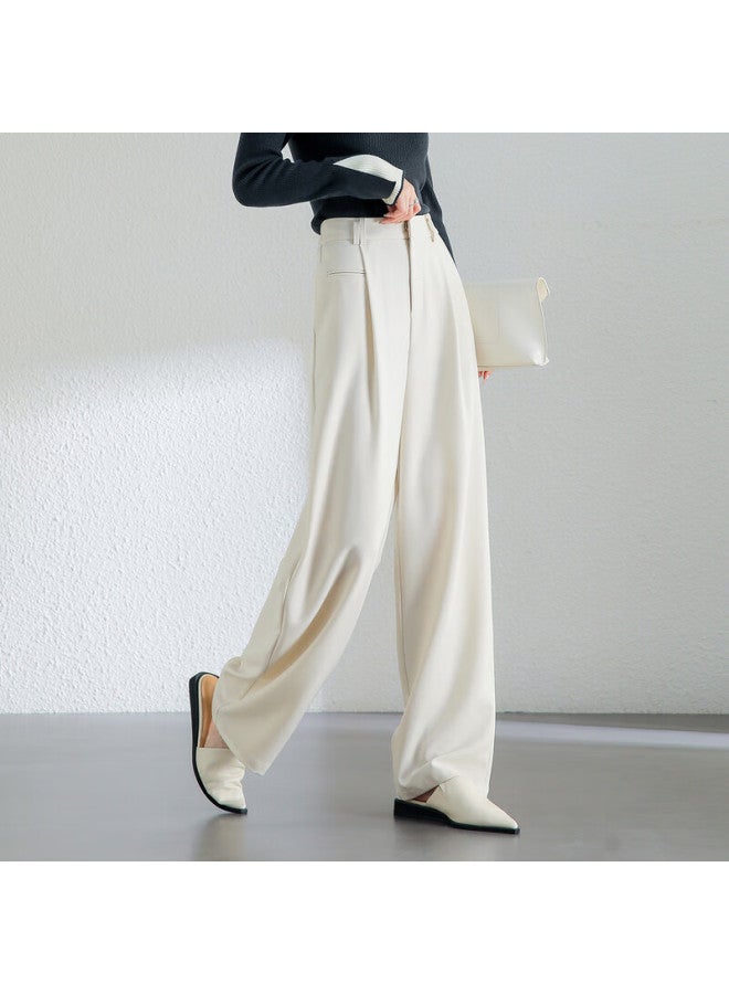 Sentubila Premium Casual Women's Pants Autumn Winter Long Trousers Elegant Loose Slim Wide-leg Straight Pants Off-white M