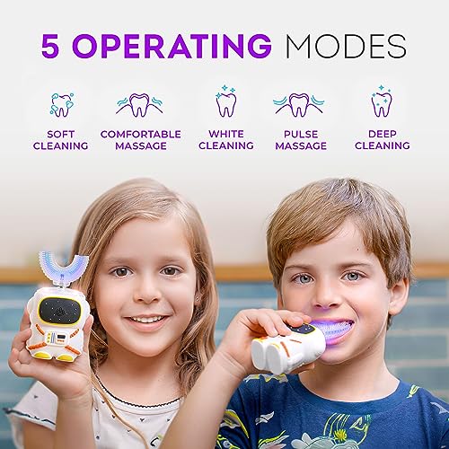Bendi Sensory 360 Round U-Shaped Astronaut Design Mouthguard Electric Toothbrush for Kids Ages 2-7 - Automatic Memory Function - 5 Modes Toothbrush with Multiple Heads – Kids Travel Essentials (White) - Image 4