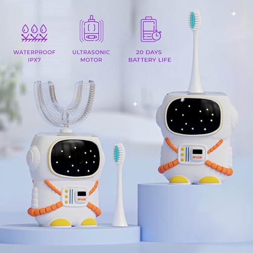 Bendi Sensory 360 Round U-Shaped Astronaut Design Mouthguard Electric Toothbrush for Kids Ages 2-7 - Automatic Memory Function - 5 Modes Toothbrush with Multiple Heads – Kids Travel Essentials (White) - Image 5