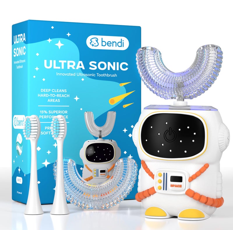 Bendi Sensory 360 Round U-Shaped Astronaut Design Mouthguard Electric Toothbrush for Kids Ages 2-7 - Automatic Memory Function - 5 Modes Toothbrush with Multiple Heads – Kids Travel Essentials (White) - Image 1