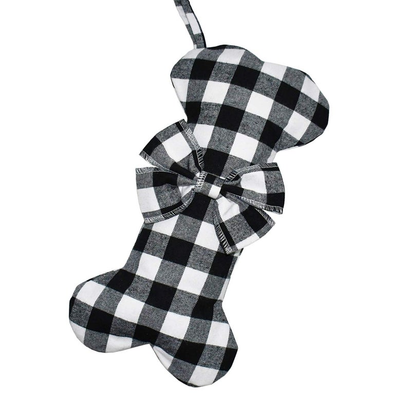 Senneny Pet Dog Christmas Stockings Classic Buffalo Black White Plaid Large Bone Shape Hanging Christmas Stocking for Dogs Pets