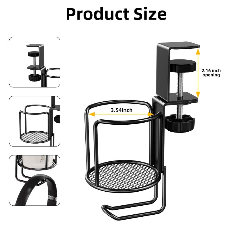 CABTE 2 in 1 Desk Cup Holder with Headphone Hanger Holder, Anti-Spill Clip-On Table Cup Hook with 360Â° Rotation for Lawn Chair, Office Home Gaming Table (1 Pack) - Image 2