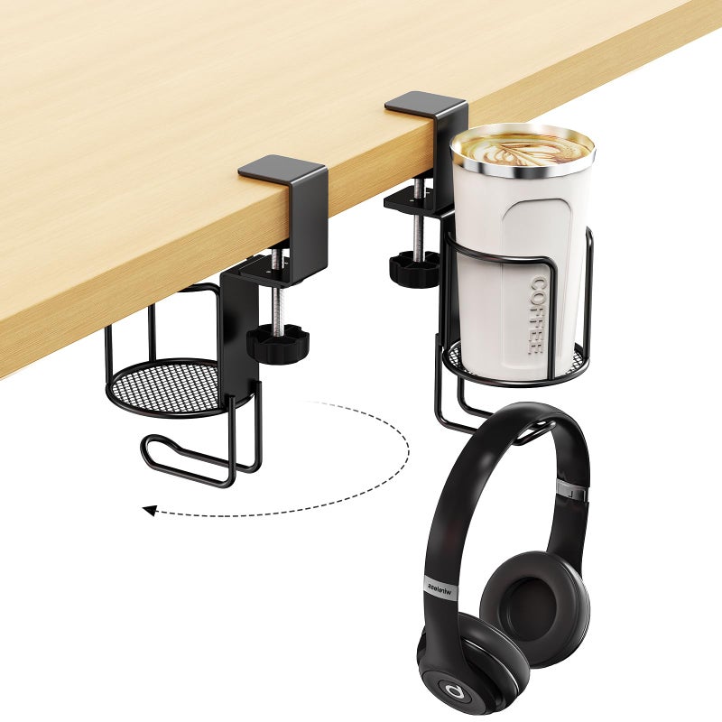CABTE 2 in 1 Desk Cup Holder with Headphone Hanger Holder, Anti-Spill Clip-On Table Cup Hook with 360Â° Rotation for Lawn Chair, Office Home Gaming Table (1 Pack) - Image 1