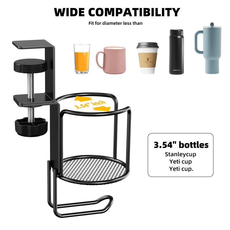 CABTE 2 in 1 Desk Cup Holder with Headphone Hanger Holder, Anti-Spill Clip-On Table Cup Hook with 360Â° Rotation for Lawn Chair, Office Home Gaming Table (1 Pack) - Image 5