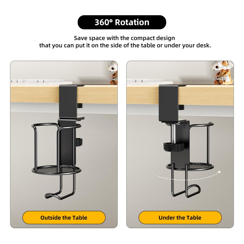 CABTE 2 in 1 Desk Cup Holder with Headphone Hanger Holder, Anti-Spill Clip-On Table Cup Hook with 360Â° Rotation for Lawn Chair, Office Home Gaming Table (1 Pack) - Image 3