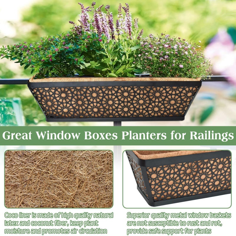Halatool 24 Inch Window Boxes Planters, 2 Pack Sturdy Metal Deck Flower Railing Planter Box with Coco Liners for Indoor Outdoor Decor, Adjustable Rail Planter for Window Fence Porch Balcony Patio Lawn - Image 4