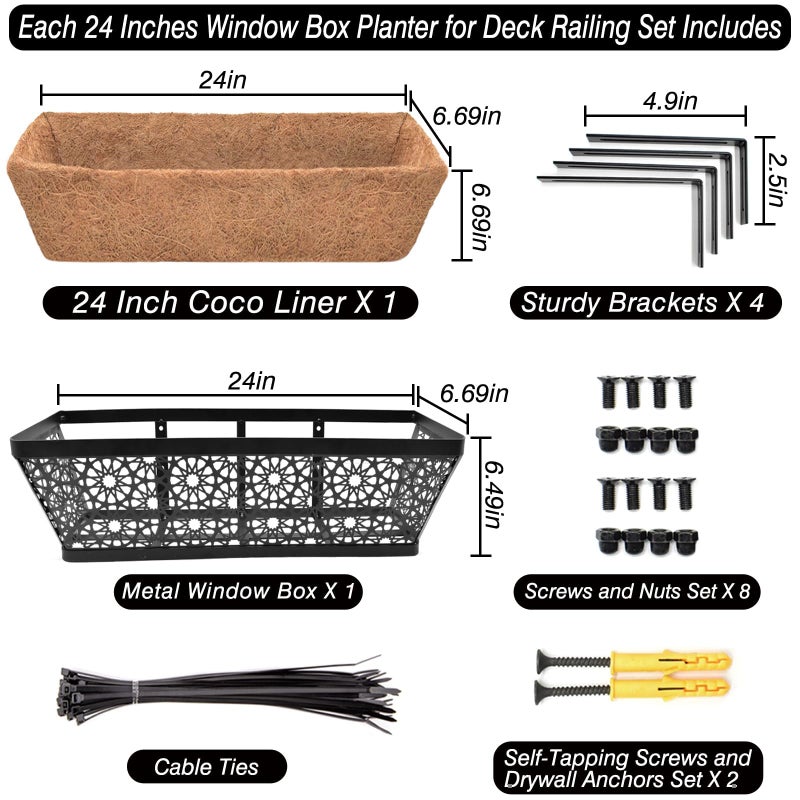 Halatool 24 Inch Window Boxes Planters, 2 Pack Sturdy Metal Deck Flower Railing Planter Box with Coco Liners for Indoor Outdoor Decor, Adjustable Rail Planter for Window Fence Porch Balcony Patio Lawn - Image 2