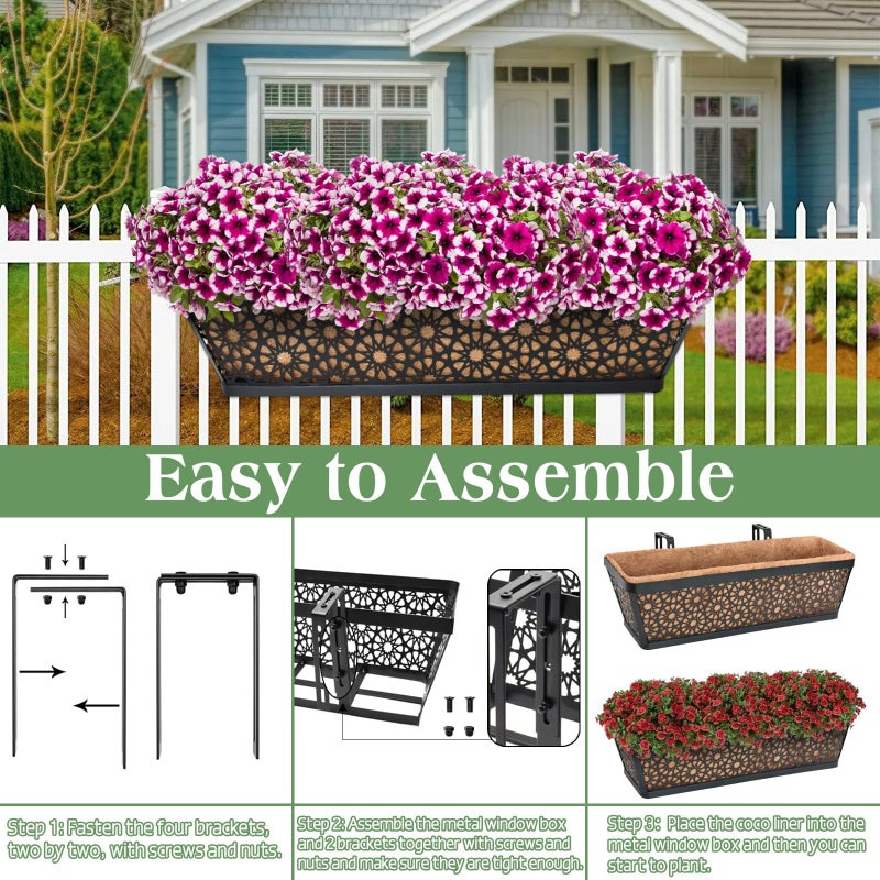 Halatool 24 Inch Window Boxes Planters, 2 Pack Sturdy Metal Deck Flower Railing Planter Box with Coco Liners for Indoor Outdoor Decor, Adjustable Rail Planter for Window Fence Porch Balcony Patio Lawn - Image 5