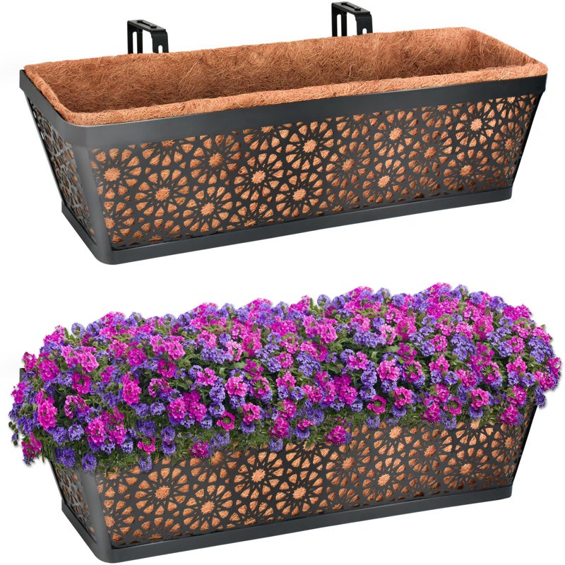 Halatool 24 Inch Window Boxes Planters, 2 Pack Sturdy Metal Deck Flower Railing Planter Box with Coco Liners for Indoor Outdoor Decor, Adjustable Rail Planter for Window Fence Porch Balcony Patio Lawn - Image 1