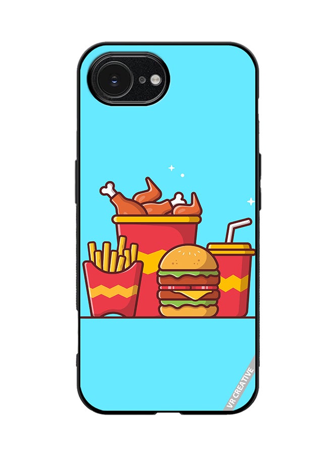 Protective Case Cover For Apple iPhone 16e Burger With Fried Chicken, French Fries And Soda Cartoon Design Multicolour
