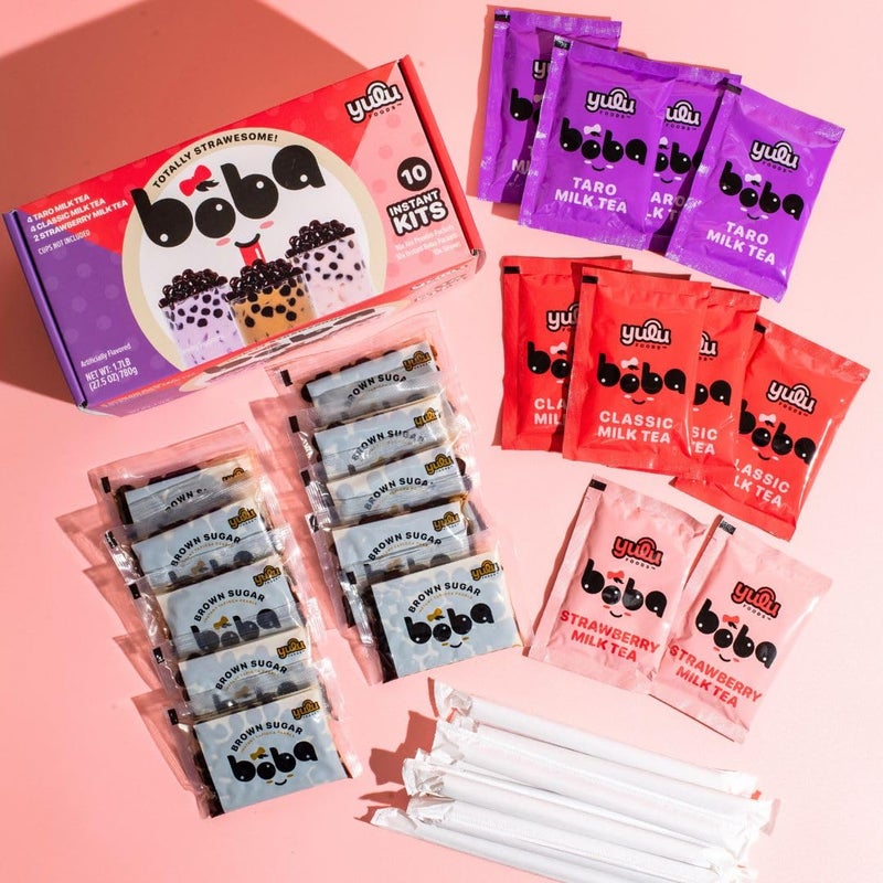 Boba Bundle Kit 10 Serv. Instant Bubble Pearl Variety Milk Tea Kit with Authentic Brown Sugar Tapioca Pearls by Yulu Foods - Ready in Under 1 Minute, Includes Paper Straws - Gift Box, Holiday (Classic, Taro and Strawberry) - Image 4