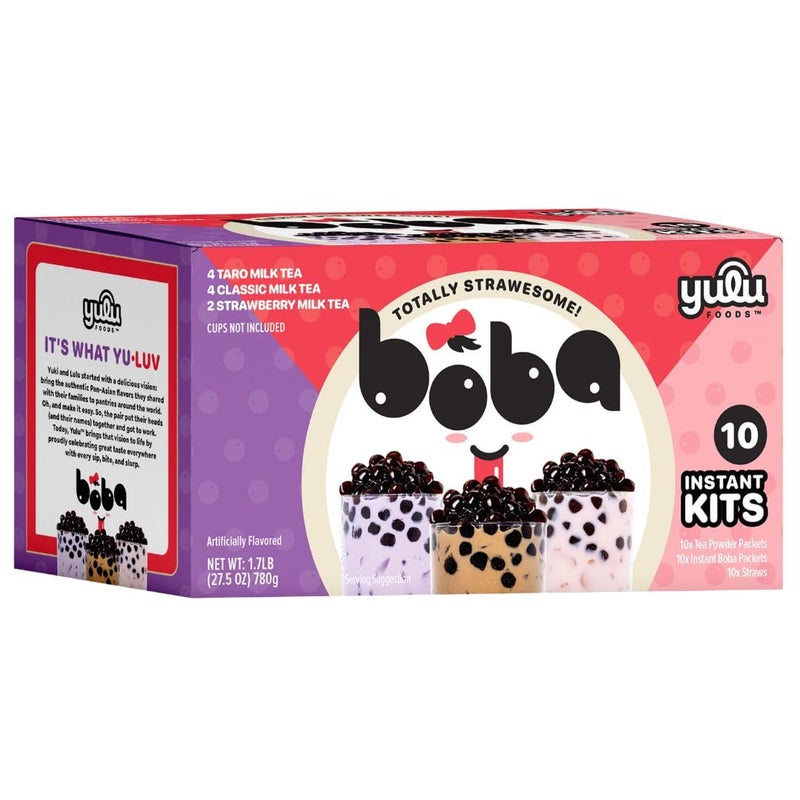 Boba Bundle Kit 10 Serv. Instant Bubble Pearl Variety Milk Tea Kit with Authentic Brown Sugar Tapioca Pearls by Yulu Foods - Ready in Under 1 Minute, Includes Paper Straws - Gift Box, Holiday (Classic, Taro and Strawberry) - Image 1