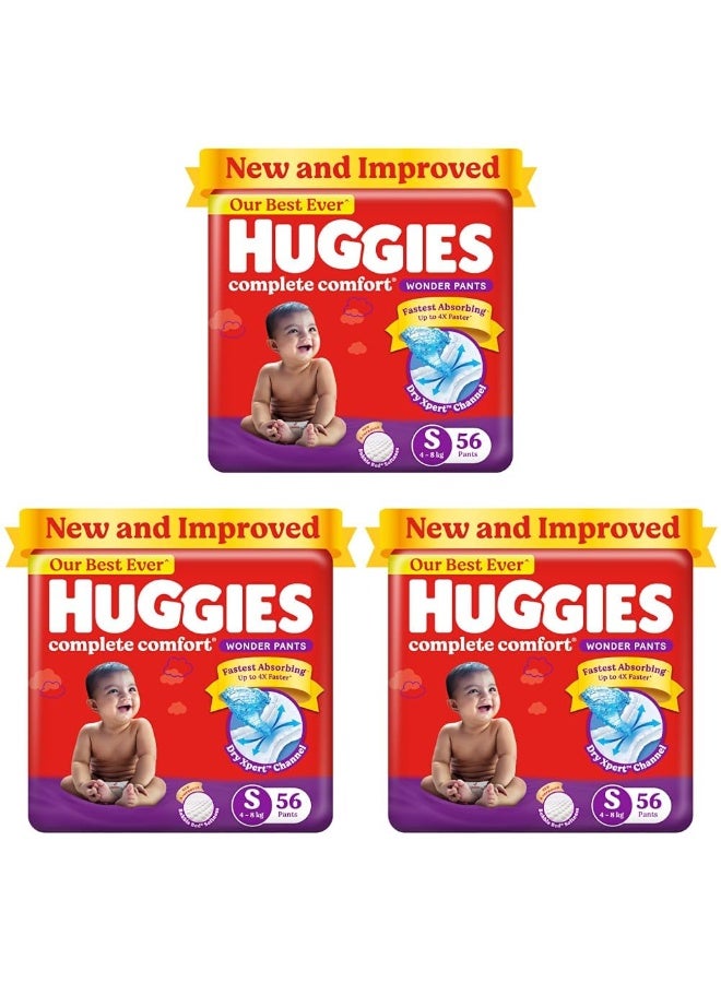 Huggies Complete Comfort Wonder Pants | Pant Style Baby Diapers S Size, 56 Count | India's Fastest Absorbing Diaper, Patented Dry Xpert Channel, Ideal for 4 to 8 Kgs (Pack of 3) - Image 1