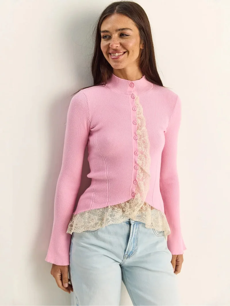 Bianco Lucci LUCCI Half Turtleneck Ribbed Cardigan