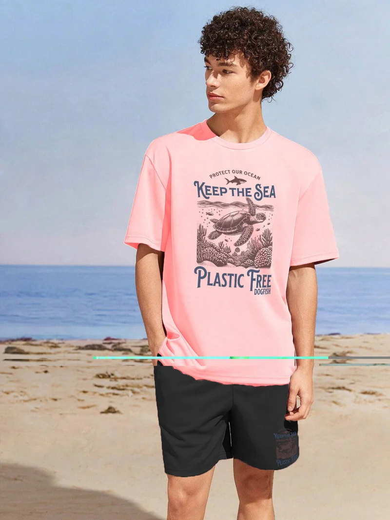 دوغ فش Couple Lover Combination Oversize Keep The Sea Plastic Free Ocean Quotes Design Printed T-Shirt 2-Pack