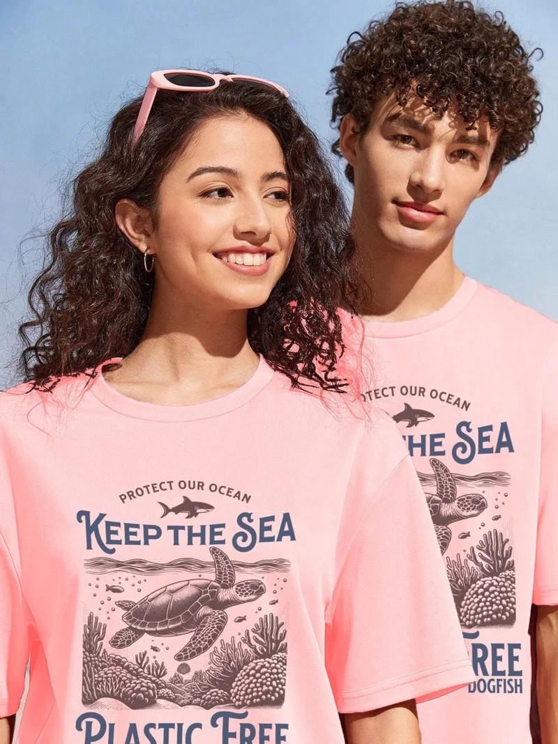 دوغ فش Couple Lover Combination Oversize Keep The Sea Plastic Free Ocean Quotes Design Printed T-Shirt 2-Pack