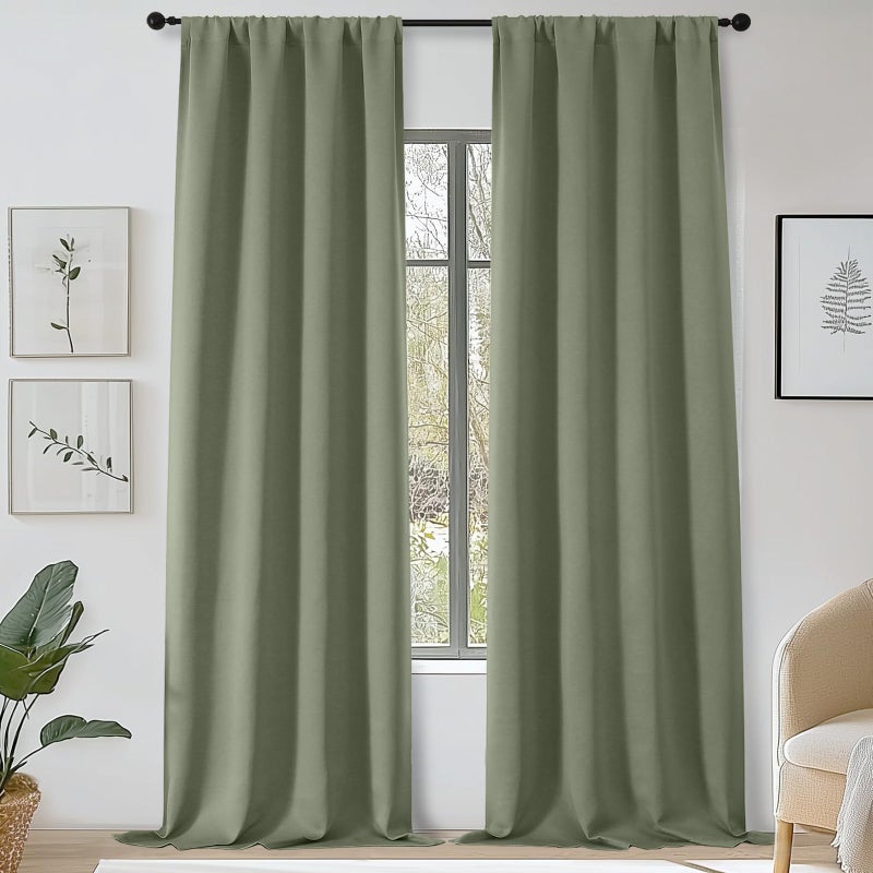 OWENIE Sally Sage Green Blackout Curtains 96 Inches Long 2 Panels Set for Bedroom Living Room, Solid Room Darkening Thermal Insulated Energy Saving Window Treatments Drapes, W40 x L96 Inch, Sage Green - Image 1