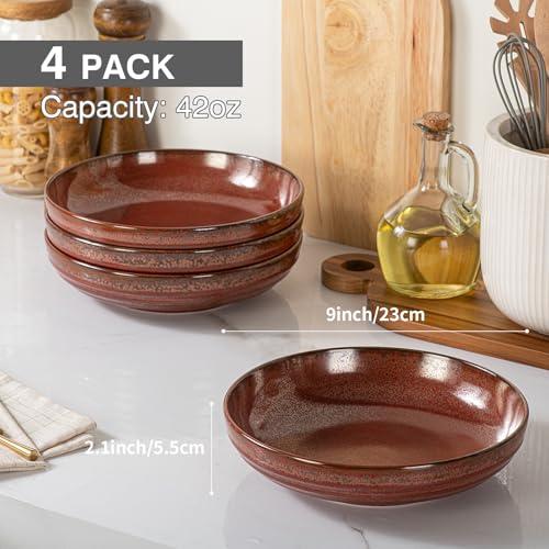 HAPPY KIT 9'' Large Pasta Bowls, 42 Oz, Stoneware Reactive Glaze Salad Bowl Set of 4, Ceramic Serving Bowls for Fruit,Soup,Noodle, Dinner, Scratch Resistant, Rust Red - Image 4